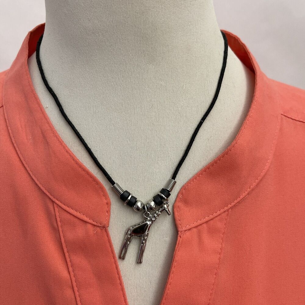 Black Cord‎ Giraffe Silver-tone Beaded Women's Fashion Necklace